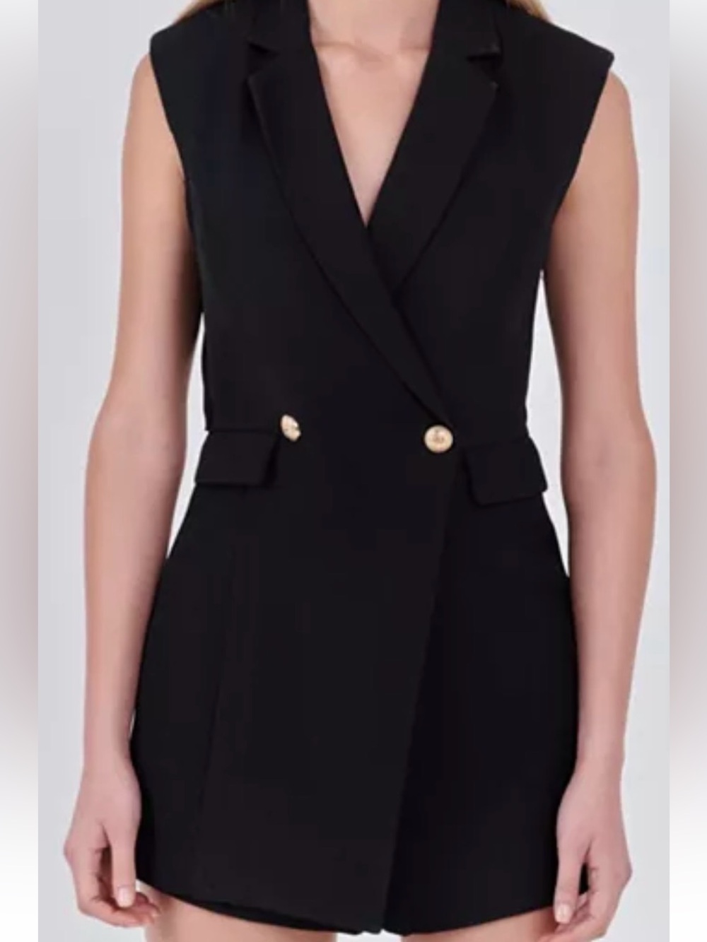 Endless Rose Black Sleeveless Double-Breasted Romper with Gold Buttons
